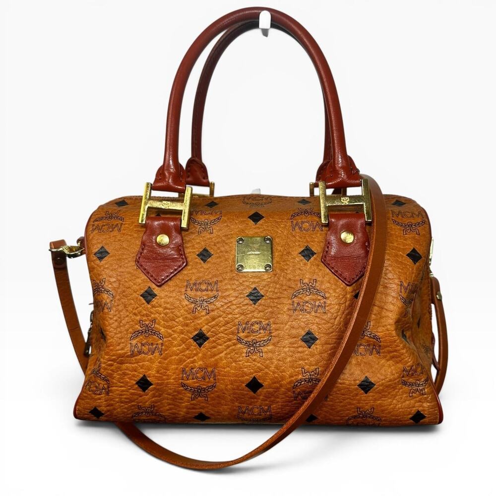 MCM Vintage Satchel Bag Womens Medium Brown Logo PVC Leather Germany Top Handle